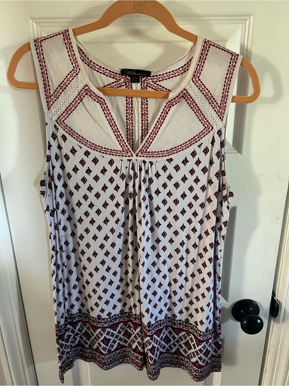 Dalia White Tank with Burgundy Geometric Print